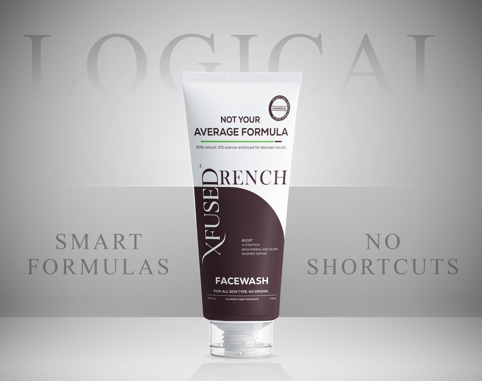 Tube of Xfused facewash with branding and text on a grey background