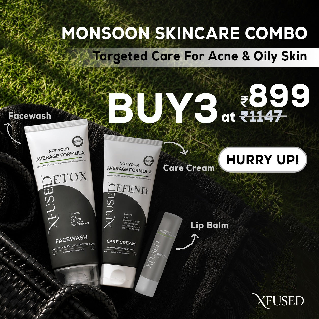 Monsoon Skincare Combo : Detox Facewash (100ml) + Defend Oil-free Moisturiser (50gm) + Lip-First Care Balm Soothe (Plain)