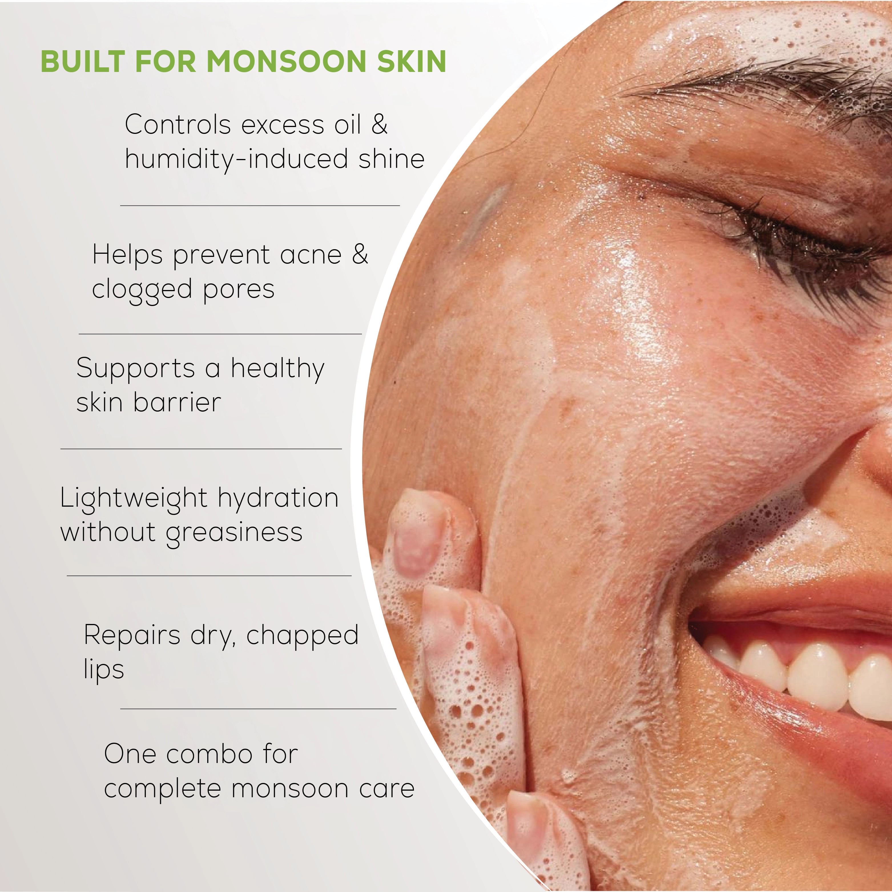 Monsoon Skincare Combo : Detox Facewash (100ml) + Defend Oil-free Moisturiser (50gm) + Lip-First Care Balm Soothe (Plain)